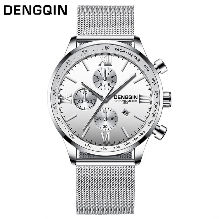 DENGQIN Quarzuhr Männer Edelstahl S Uhren oben Luxus Männlichen Uhr Geschäft Herren Armbanduhr Relogio Masculino: Gittergewebe Silber- Weiß