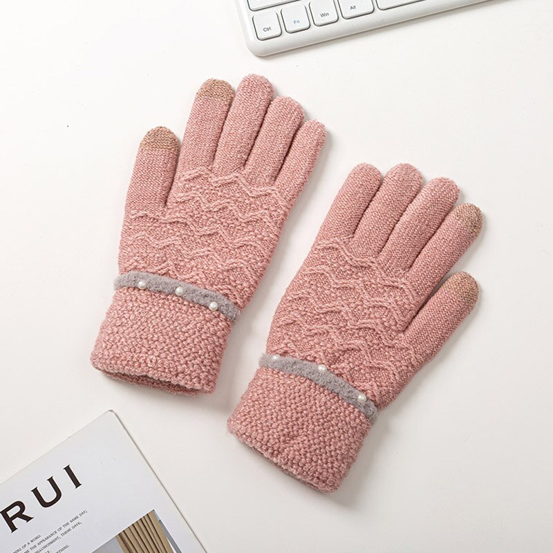 Vinter stickade handskar för kvinnor tjocka varma handskar kvinnlig pärladekoration pekskärm full fingrar handledsvantar damer guantes