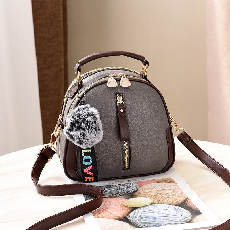 Solid Color Women Shell Bag Portable Shoulder Bag PU Leather Female Bag With Gray Hair Ball