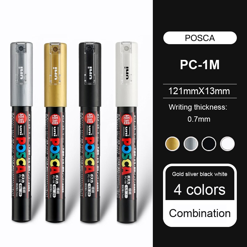 UNI Posca – stylo marqueur acrylique, Kit complet, peinture professionnelle, POP, publicité, surligneur, PC-1M/PC-3M/PC-5M: PC-1M 4colors