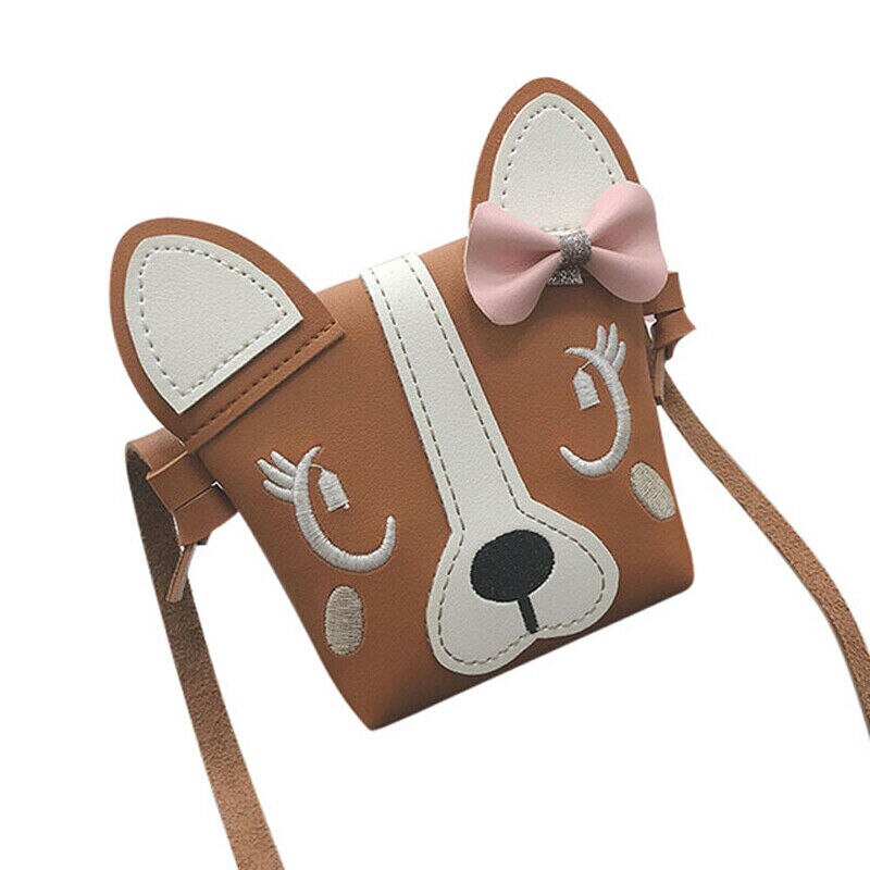 Mini bolso de hombro de piel sintética para niños y niñas, bolsa de mensajero informal con lazo de perro bonito: Castaño