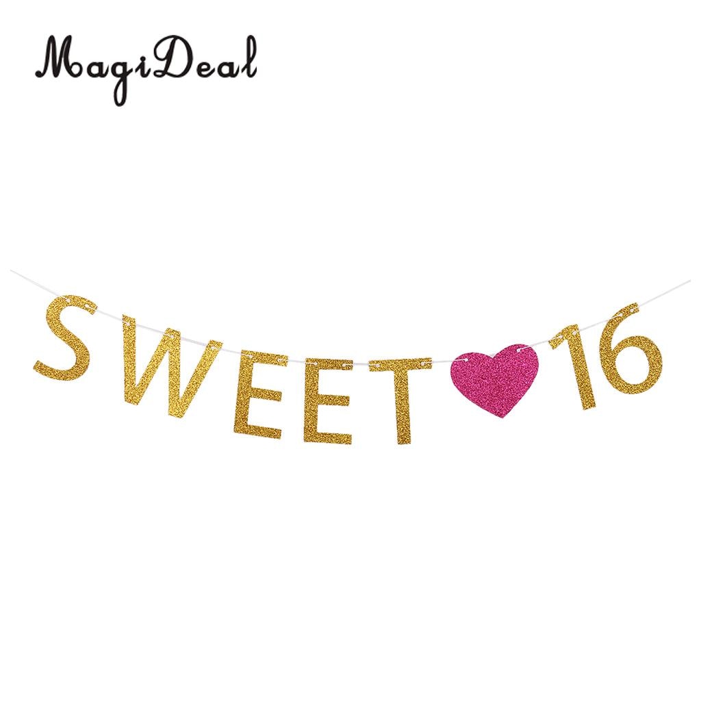 2m 16th Happy Birthday Garland Girls Sweet 16 Letters Rose Heart Party Sixteen Gold Banner Hanging Decoration