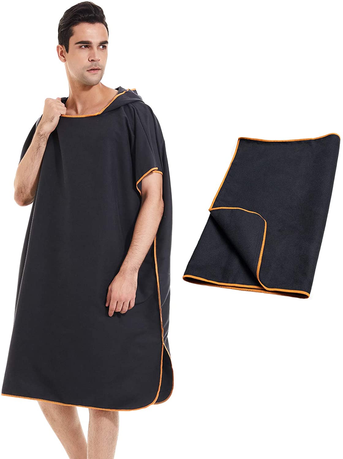 Surf Poncho Beach Changing Towel Robe with Hood for Surfing Swimming Drifting Bathing Adults Men Women: Black