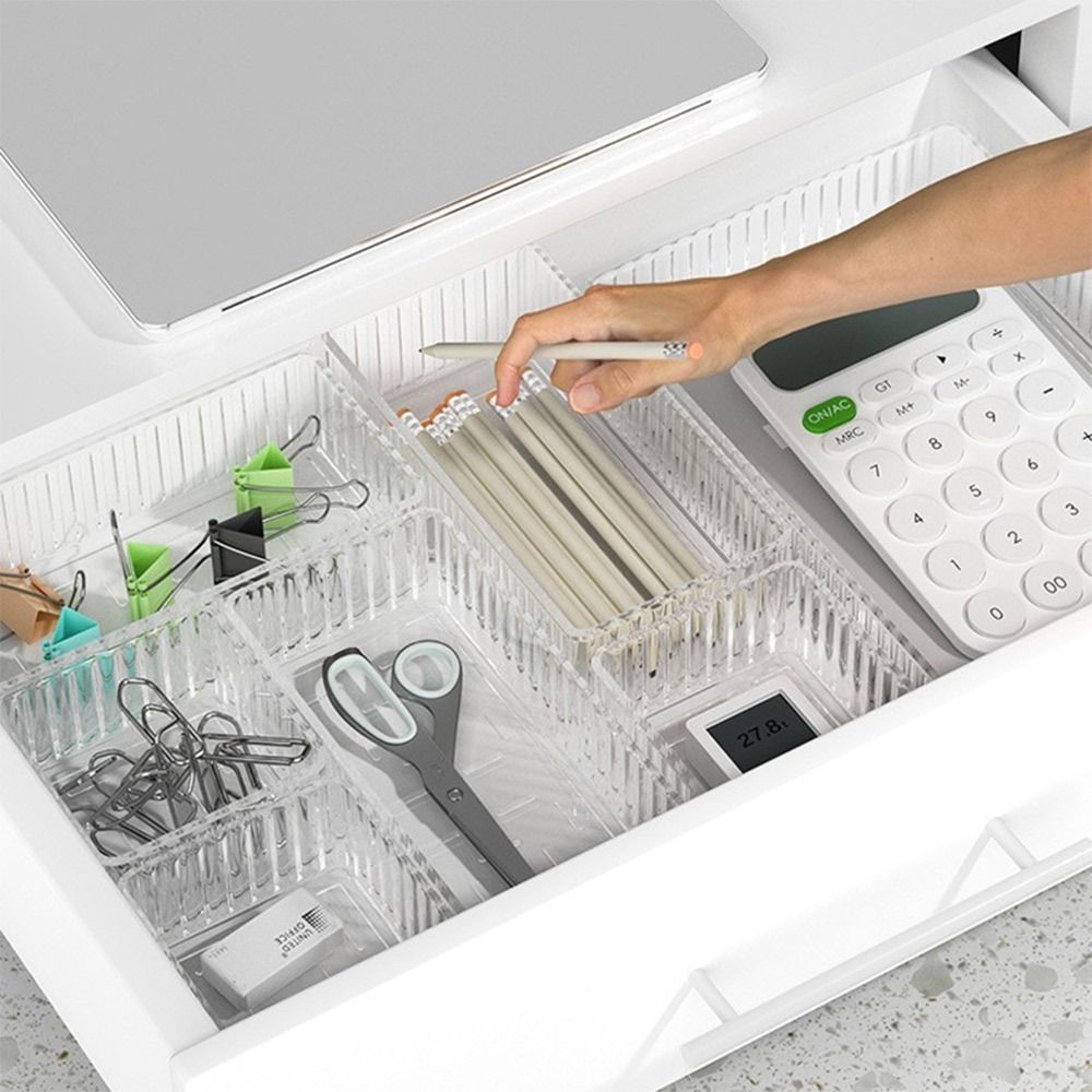 Organisateurs de tiroirs de bureau simples S/M/L/XL, boîte de rangement rectangulaire transparente, conteneur de papeterie en plastique illimité pour le bureau et la maison