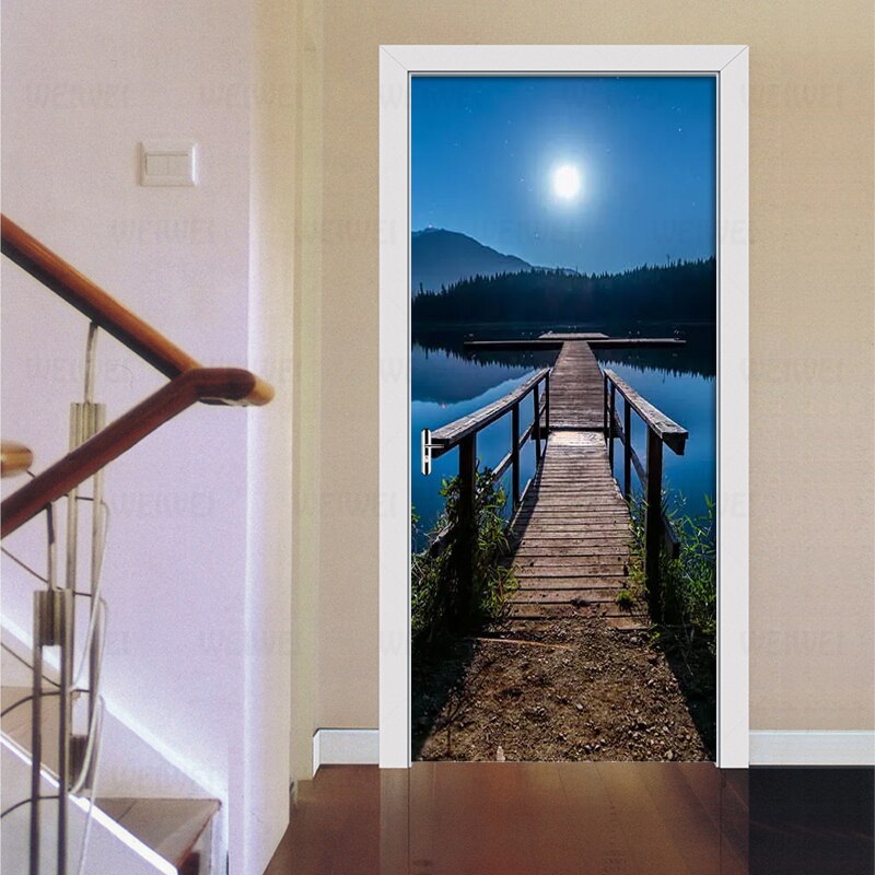 3D Wallpaper Night Lake View Wooden Bridge Mural Living Room Study Room 3D Door Sticker PVC Self Adhesive Waterproof Wall Paper