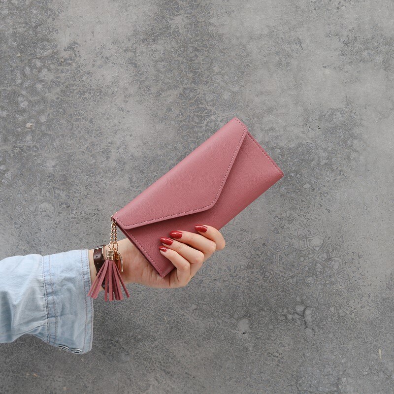 Women Leather Simple Long Wallet Tassel Coin Purse Card Holders Multi-card Position Female Wallet Portefeuille Femme: dark pink