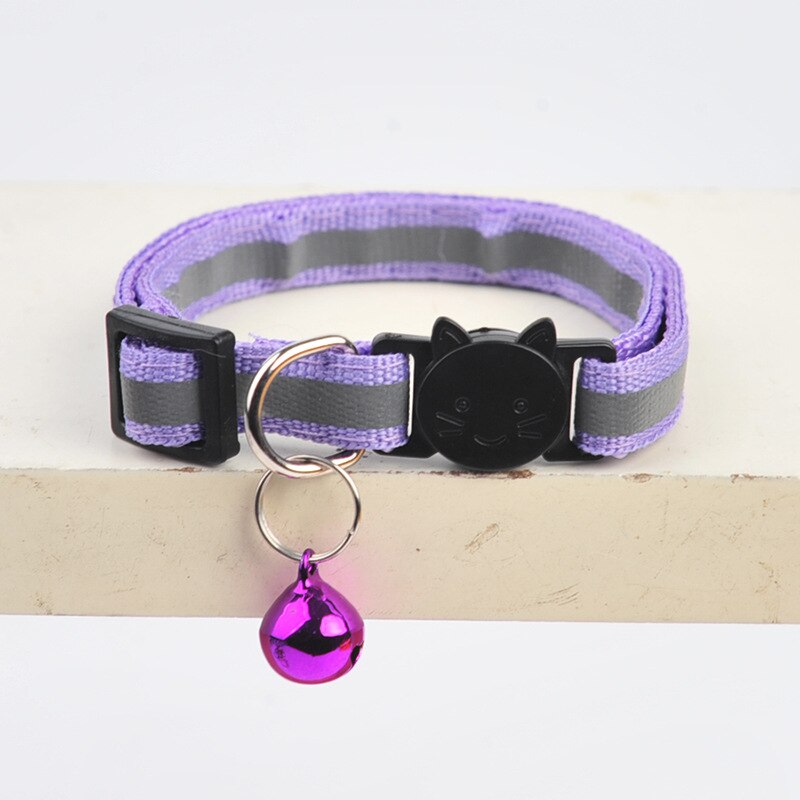 1PC Cats Bell Collars Adjustable Nylon Kitten Safe Necklace Reflective Cat Collar Buckles For Cute Pets Cat Accessories Supplies: light purple
