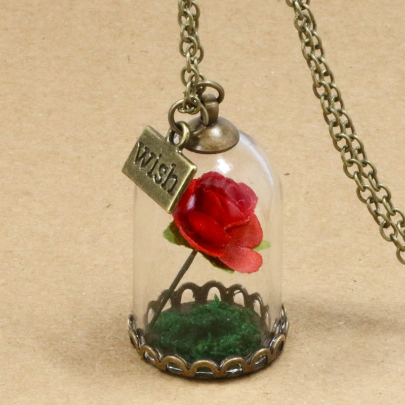 Schoonheid en Het Beest Retro Glazen Flacon Ketting Vlinder Wens Accessoires Ketting Rode Rose Gedroogde Bloem Sieraden voor Vrouwen Meisjes