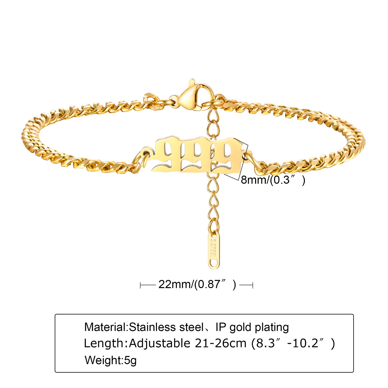 Angel Numbers, Angel Number Bracelet, Stainless Steel Angel Number Anklets, Angel Number: Bracelet 999