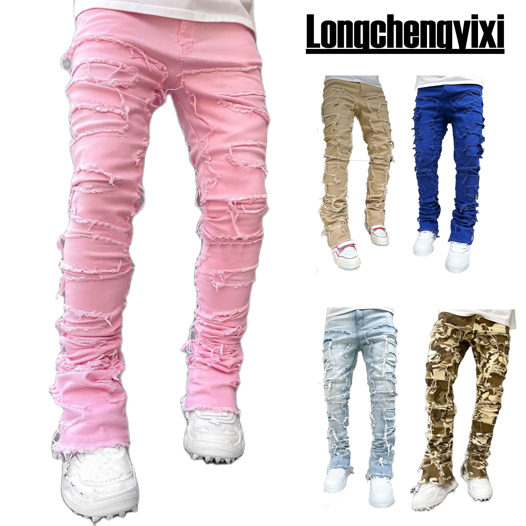 Stretch patch herrejeans  y2k patchwork kvaster dekoration lige denimbukser til mænd hiphop jeansbukser