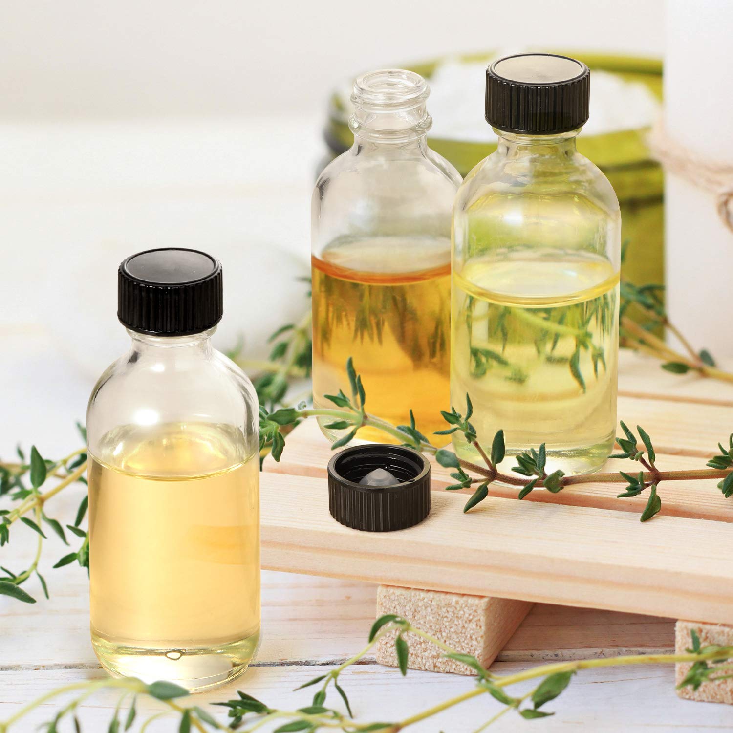 Clear Glass Bottles with Lids Boston Round Sample Bottles for Juice Ginger Shots Oils Whiskey Liquids Mini Travel Bottle (1PCS)