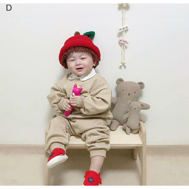 Bebis barn stickad peruk mössa handgjorda småbarn barn äppelstjärnor ull kntting kepsar flätor foto rekvisita huvudbonader 1-5 år: D