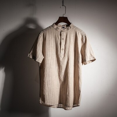 Camisa Algodón Lino Hombre - Rayas Verticales - Cuello Mao Manga Corta - Pulóver Casual: Caqui / Talla asiática l