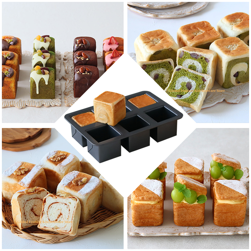 Mini molde para pasteles de acero al carbono con 6 cavidades, forma cuadrada, pan tostado con tapa, libra, pastel, Madeleine, muffins, postre, herramientas para hornear