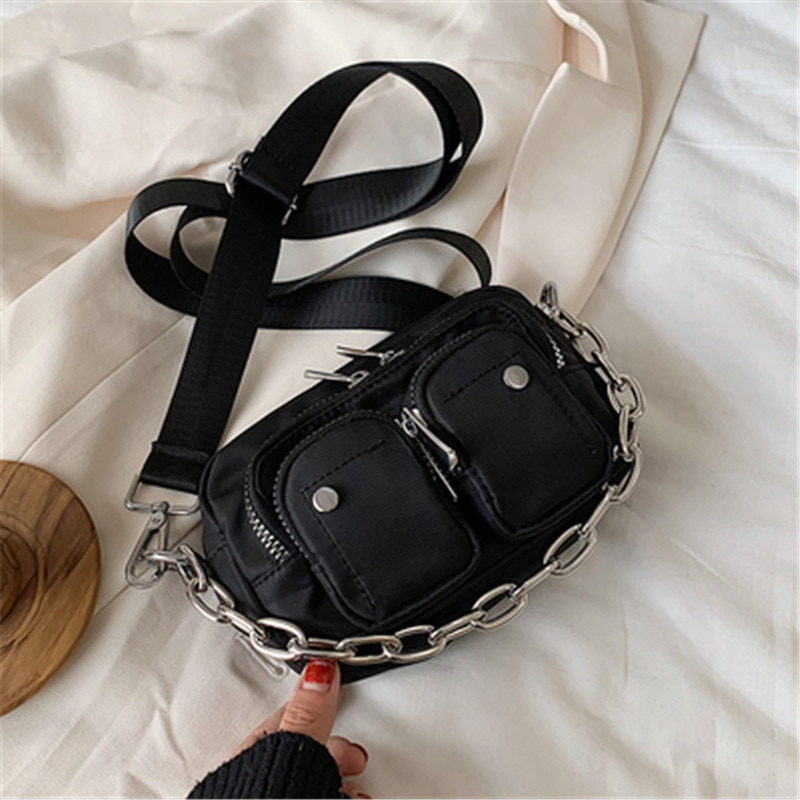 Solid Pattern Nylon Crossbody Bags For Women Mini Black Shoulder Messenger Handbags Female Chain Phone Multi-pocket Purses