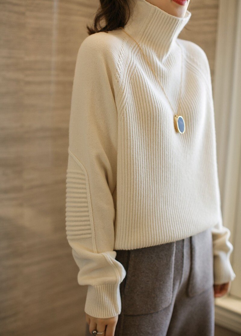 Pull en cachemire épais à col haut pour femme, 100% laine, ample, tricoté, grande taille, automne et hiver