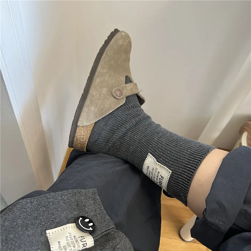 Kvinnor vintage bomull medelstora tubstrumpor tyg etikett brev tjock nål vinter varm japansk enfärgad casual sport parstrumpor