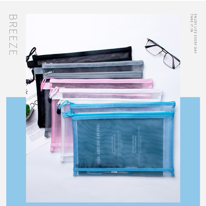 Transparent Mesh File Bag Portable Business Document Stationery Zipper Pocket Organizer Office Supplies Storage Tool Accessories