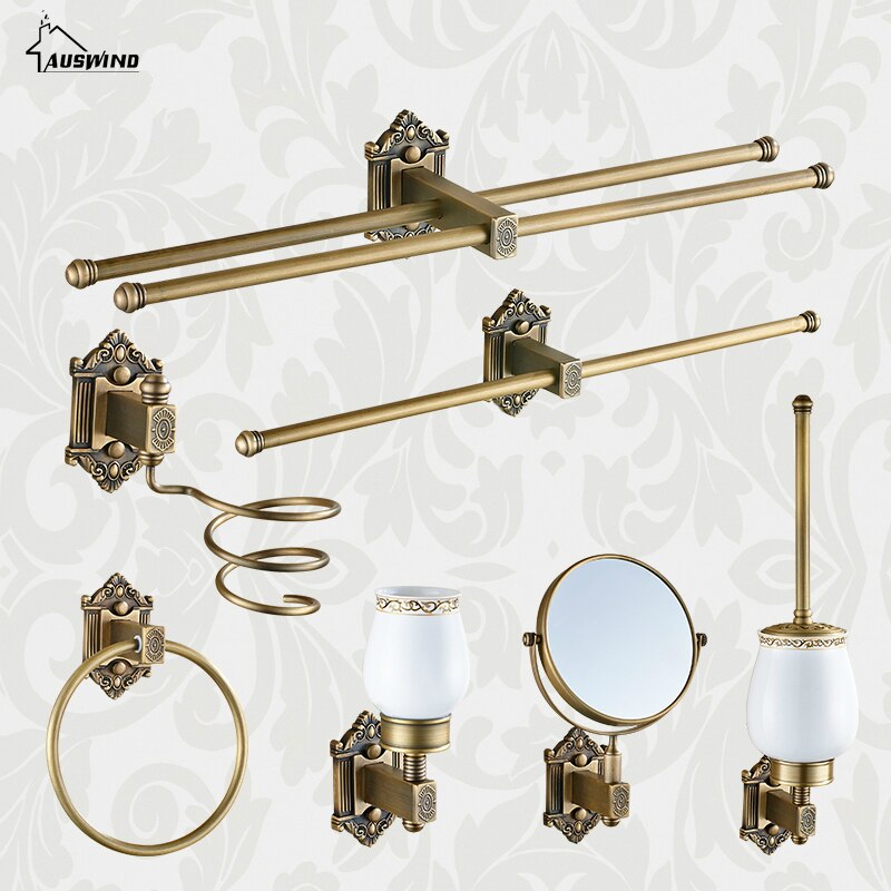 Vintage Bronze Bathroom Accessories European Brushed Solid Brass Bathroom Hardware Set Wall Mounted Carved Bathroom Products