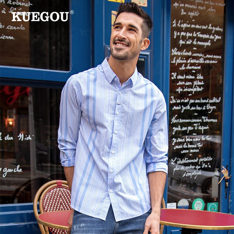 KUEGOU-camisas de algodón 100% para hombre, ropa a rayas de , Top de manga larga de , talla grande, BC-20514