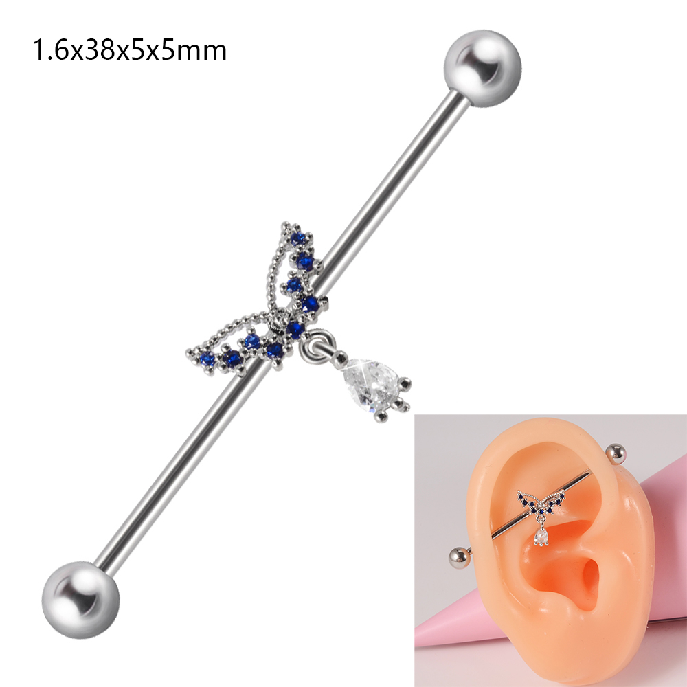 1 pieza de barra Industrial de circonio de acero quirúrgico, pendiente de puente Auricular largo de Animal bonito, joyería para Piercing corporal transversal para mujer: PLATEADO