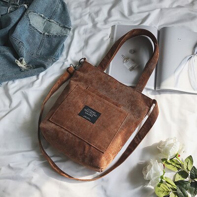 Women Corduroy Canvas Tote Ladies Casual Shoulder Bag Foldable Shopping Bags Beach Bag Cotton Cloth Female Handbag: Brown