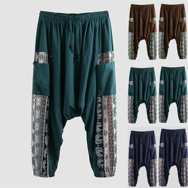 AU Herren Lose Breite Bein Hosen Einfarbig Casual Baggy Atmungsaktive Harem Hosen