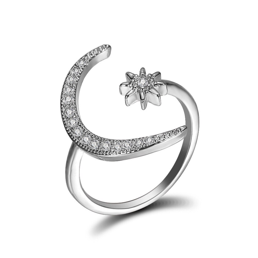 Moon Star Dazzling Open Finger Rings For Women Wedding Engagement Zircon Paved Trendy Charm Jewelry: silver