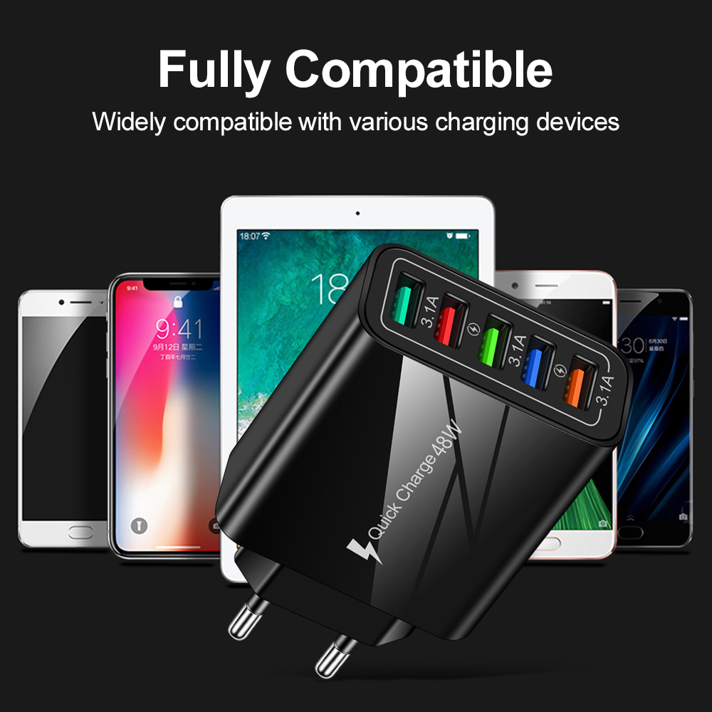 USB Charger Quick Charge 5 Port USB Charger For iPhone 12 13 Xiaomi Huawei Wall Mobile Phone Fast Travel Charger EU US UK Plug