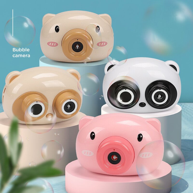Cartoon Pig Bubble Machine - Automatic Music & Lights - Kids Outdoor Toy Set - Includes Camera, 2x Bubble Water, Lanyard