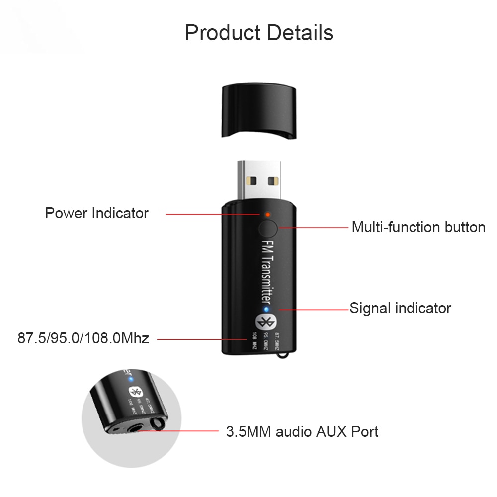 VAORLO Mini nadajnik FM na USB bezprzewodowy samochód zestaw odbiornik Stereo Muic Bluetooth 5.0 Adapter do samochodu z mikrofonem 3.5 AUX Jack