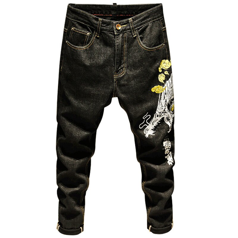Riinr Men's Embroidered Jeans Chinese Style Casual Jeans Male Personality Trousers Men's Straight Pants 29-40
