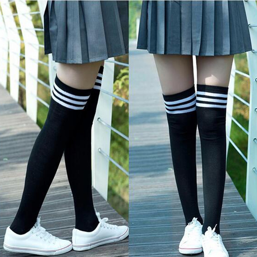 1 Pair Thigh High Over Knee High Socks For Girls Womens Students Striped Cotton Long Stockings calcetines mujer