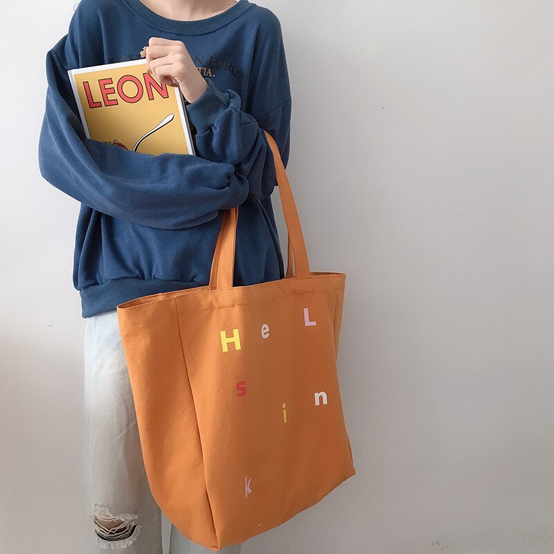 Simple Letter Women Canvas Shoulder Bag Large Capacity Ladies Reusable Shopping Bags Female Girls Travel Casual Tote Handbags: h Orange