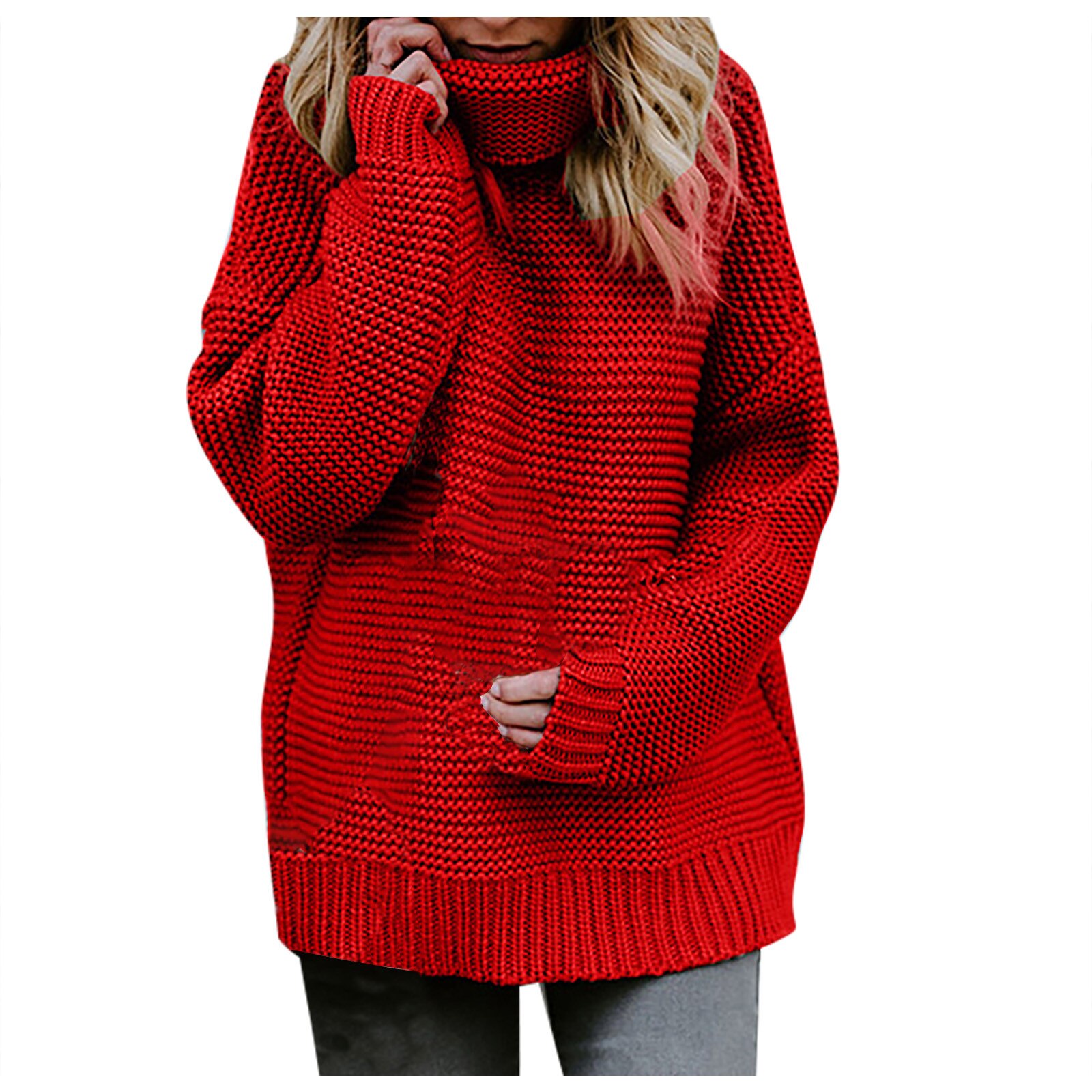 Pull à manches longues et col roulé pour femme, couleur unie, à la , hiver,: XL / RD
