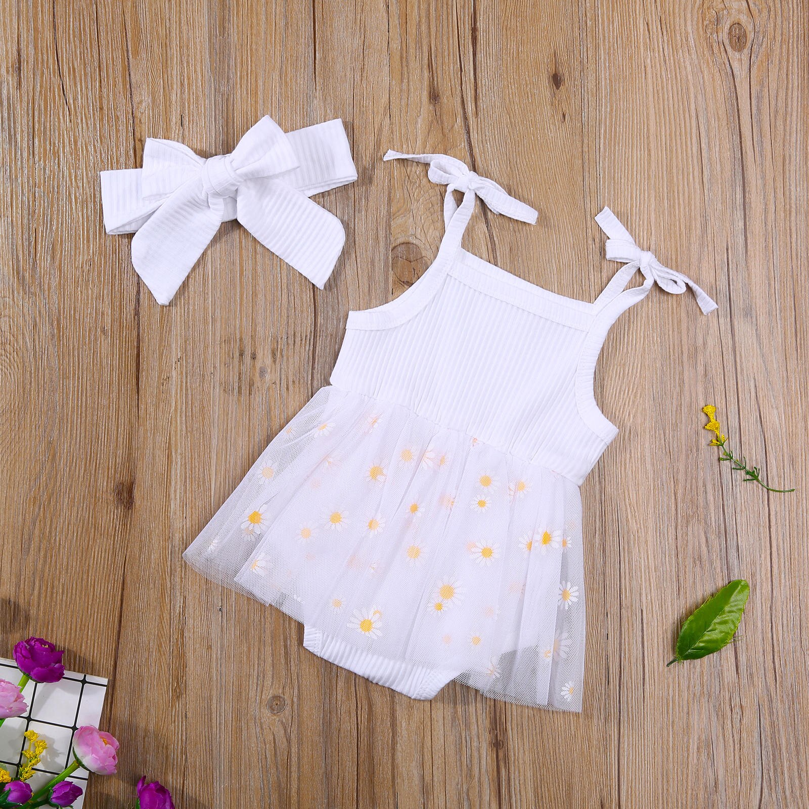 2Pcs Baby Girls Summer Outfits Cute Self Tie Strap Sleeveless Daisy Print Tutu Romper with Headband Set
