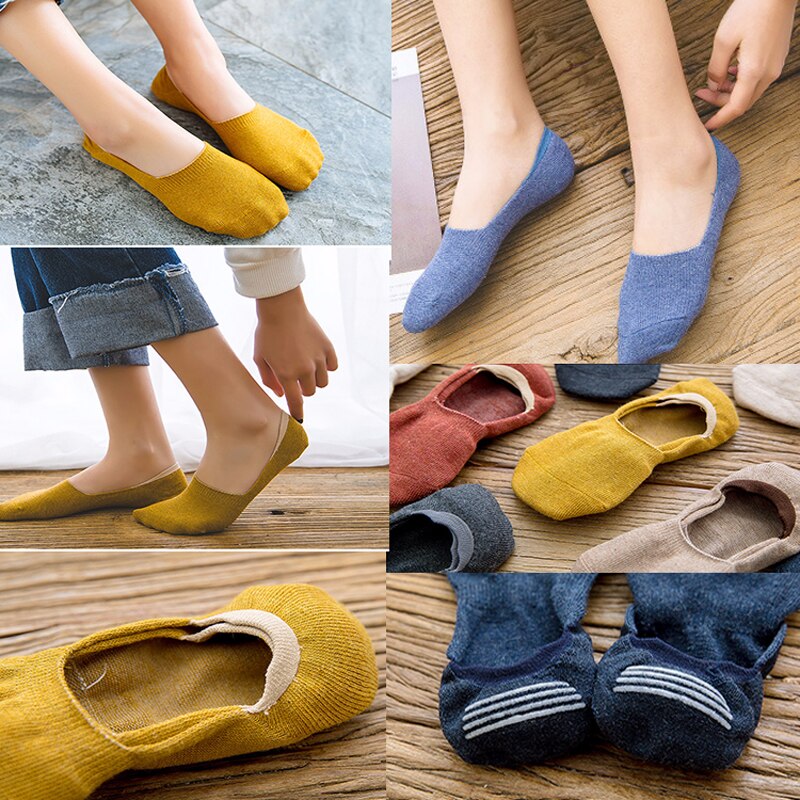 5Pair Women's Cotton Invisible No Show Socks Non-slip Silicone Sock Solid Color Felmen Sock Slippers Short Socks
