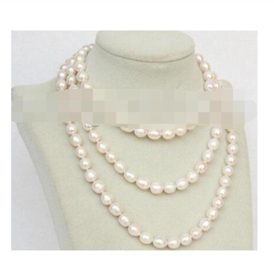 47" 9-10mm baroque rice white freshwater pearls necklace E8598