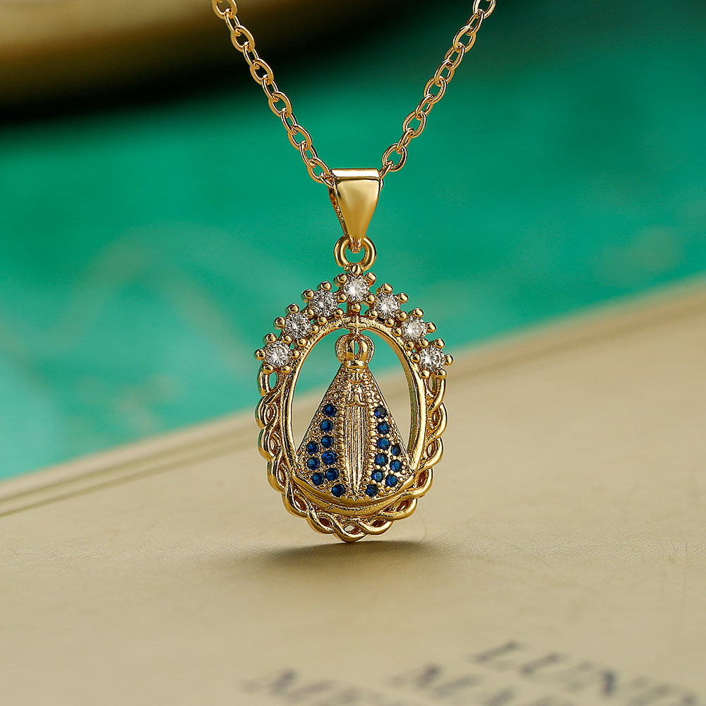 NEWBUY Women's Religious Jewelry Copper CZ Zircon Inlay Virgin Mary Pendant Stainless Steel Chain Necklace: Light Yellow Gold Color