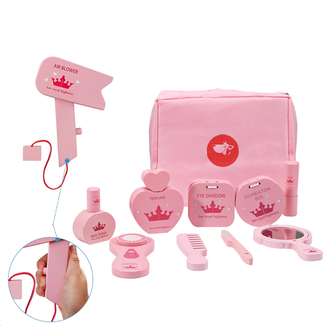 11Pcs/set Children Wooden Make Up Pretend Play Simulation Cosmetic Bag Beauty Toy For Girls - Pink