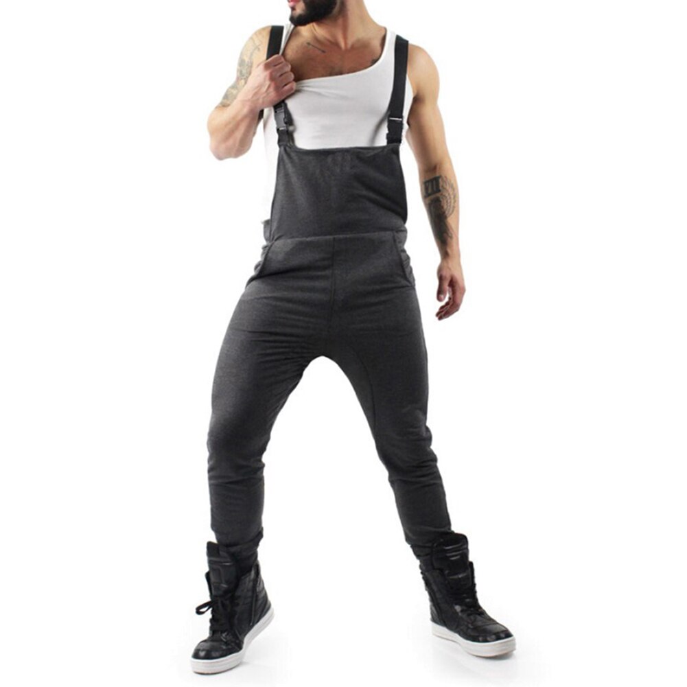 Efterår mænd lange bukser jumpsuits street overalls herre selebukser casual solide ærmeløse overalls jumpsuits: Mørkegrå / Xl