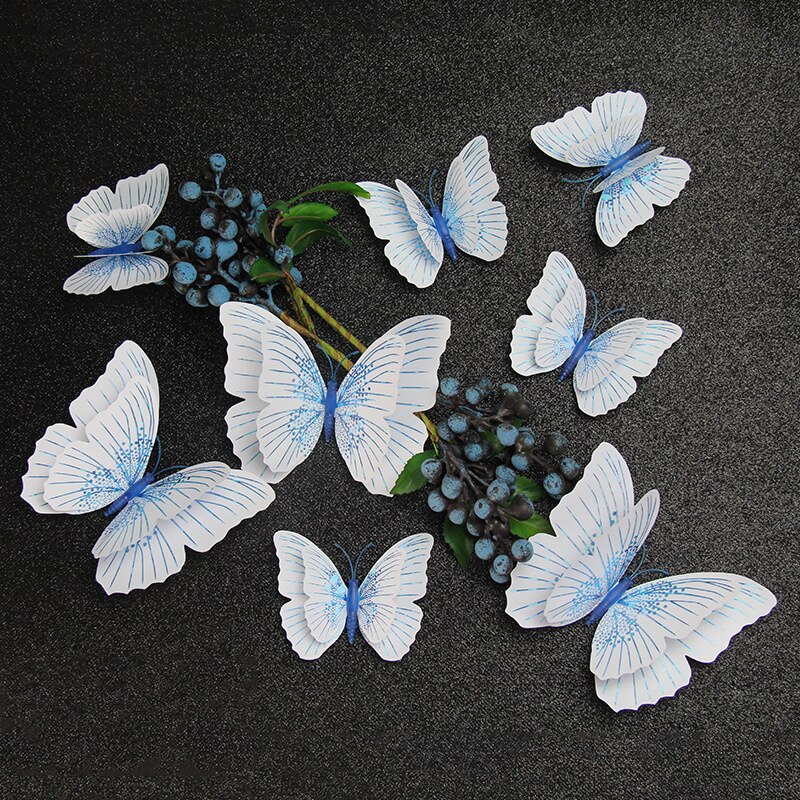 Autocollant mural papillon 3D Double couche, 12 pièces, pour la décoration de la maison, aimant pour réfrigérateur, colle gratuite