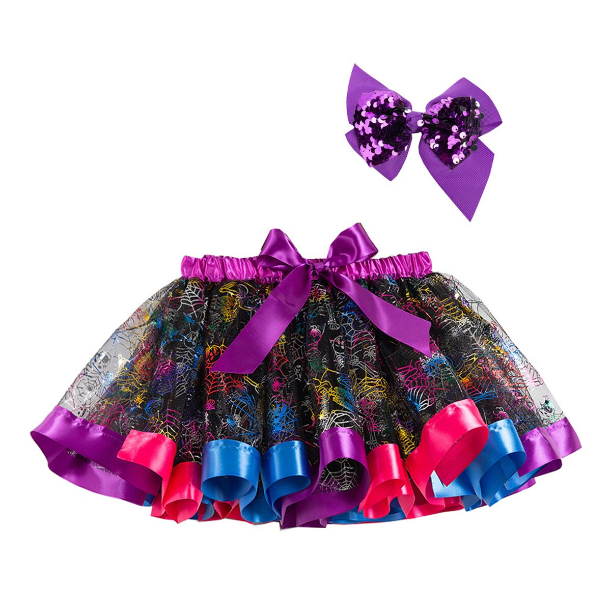 Baby Meisje Tutu Rok 2 Stuks Tule Kant Bloeiers Luier Cover Mesh Rok Halloween Multi-Gelaagde Prinses Lovertjes Strik hoofdband: MULTI / 2-4 Years
