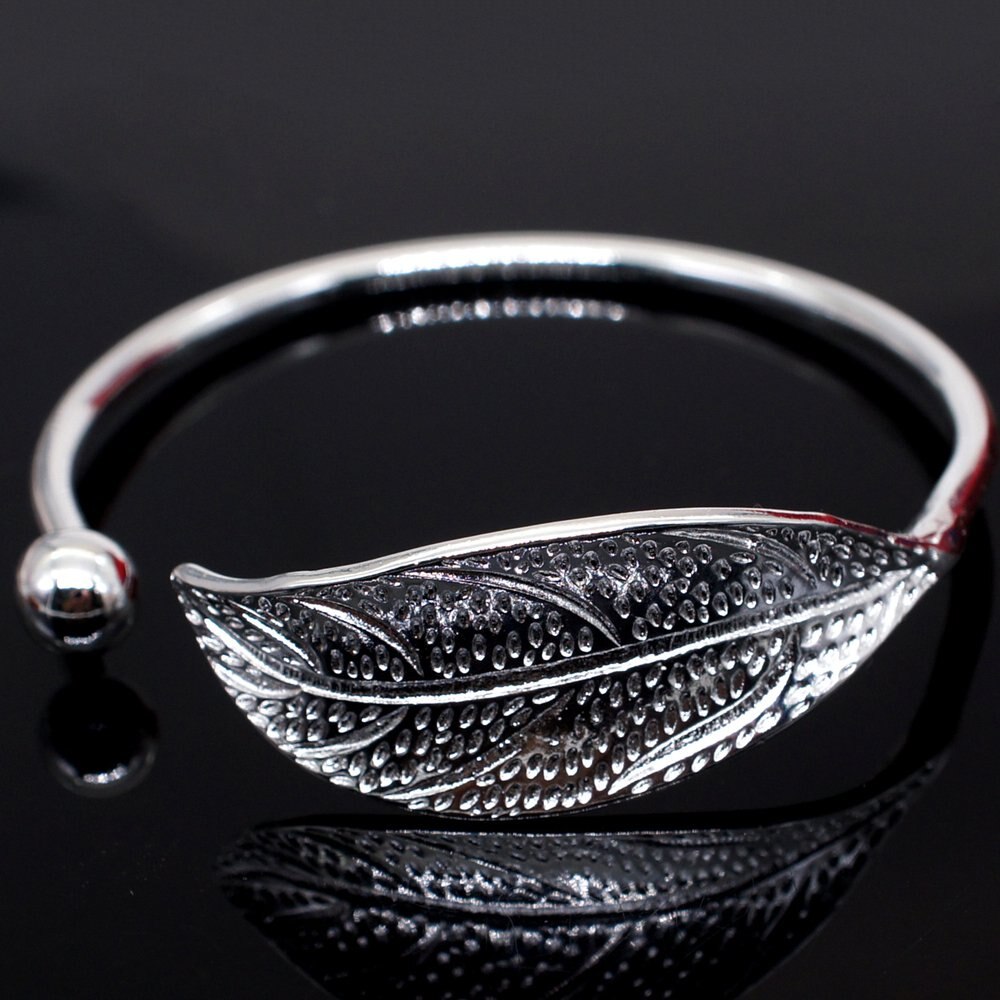 Vintage Leaf Open Bangle Verzilverd Pols Sieraden Voor Vrouwen Simple Shining Manchet Armband
