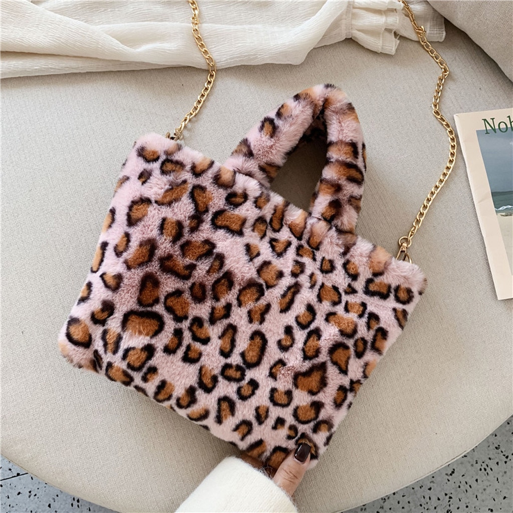 Woman Messenger Bags Chains Leopard Pattern Plush Handbags Autumn Winter Women Cute Fluffy Crossbody Bag