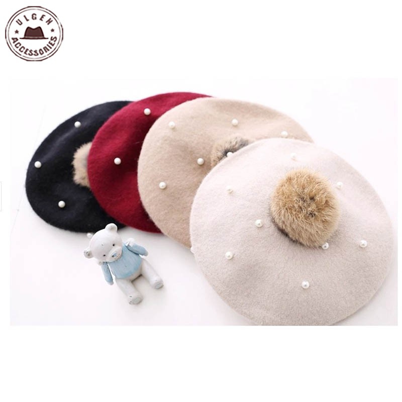 Børn perle kanin pels baret hat til baby piger hue hatte med pompon multicolor