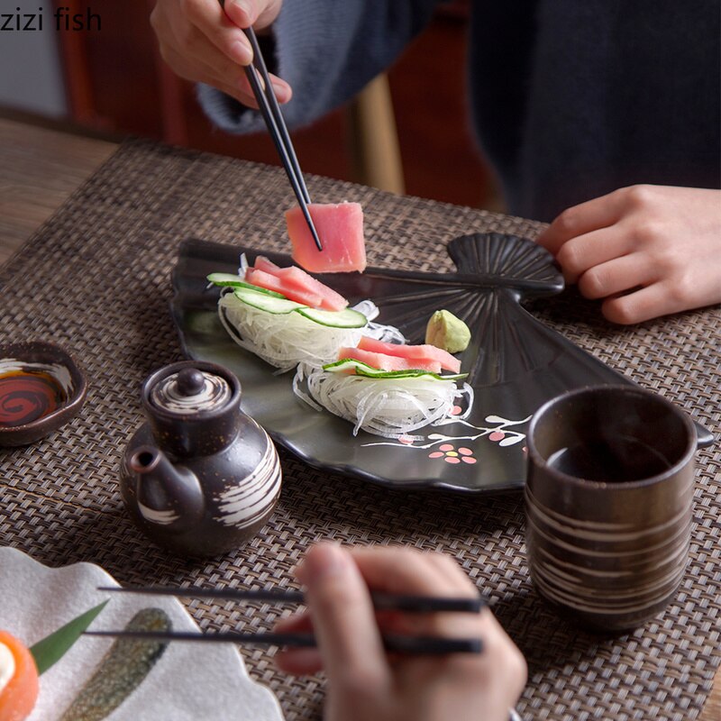 Plat à Sushi en céramique blanc/noir/vert | Vaisselle japonaise en forme d'éventail, assiette Snack créative en éventail