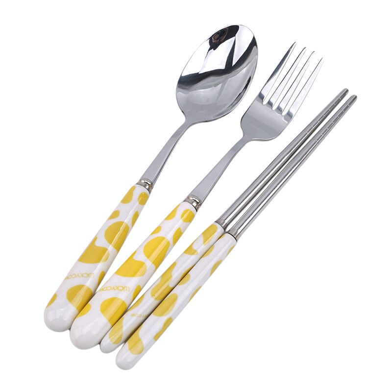 3PCS/Set Cute Fork Spoon Cutlery Set Cartoon Handle Stainless Steel Children Tableware Student Girl Boy Picnic Lunch Tableware: 3pc yellow