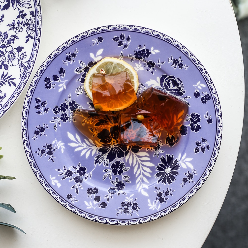 Blått og hvitt bestikk kinesisk og vestlig mat flat tallerken western biff tallerken frukt dim sum tallerken bein porselen
