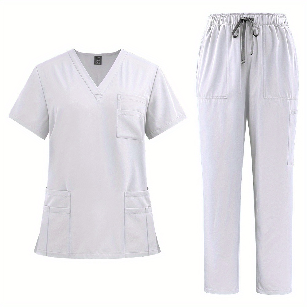 Conjunto de dos piezas de uniforme de enfermera neutro y uniforme de hospital con cepillo de mano para enfermeras, médicos y personal de enfermería: L / Beige